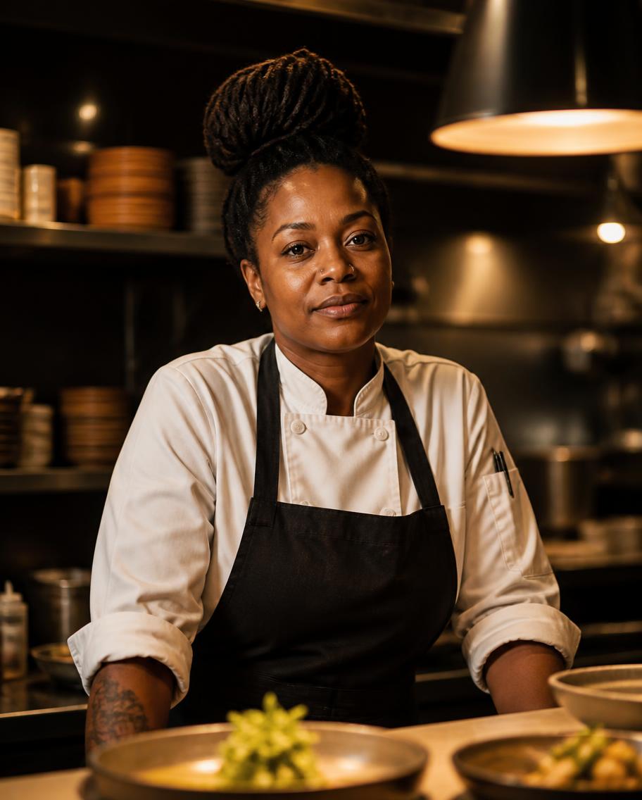 Amara Boateng in whites at the pass of a small café kitchen, mid-service
