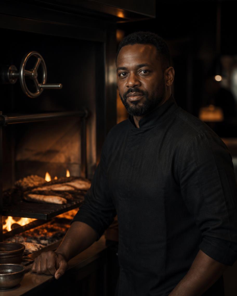 Silas Mbeki standing beside a wood-fired grill, sleeves rolled, watching the fire